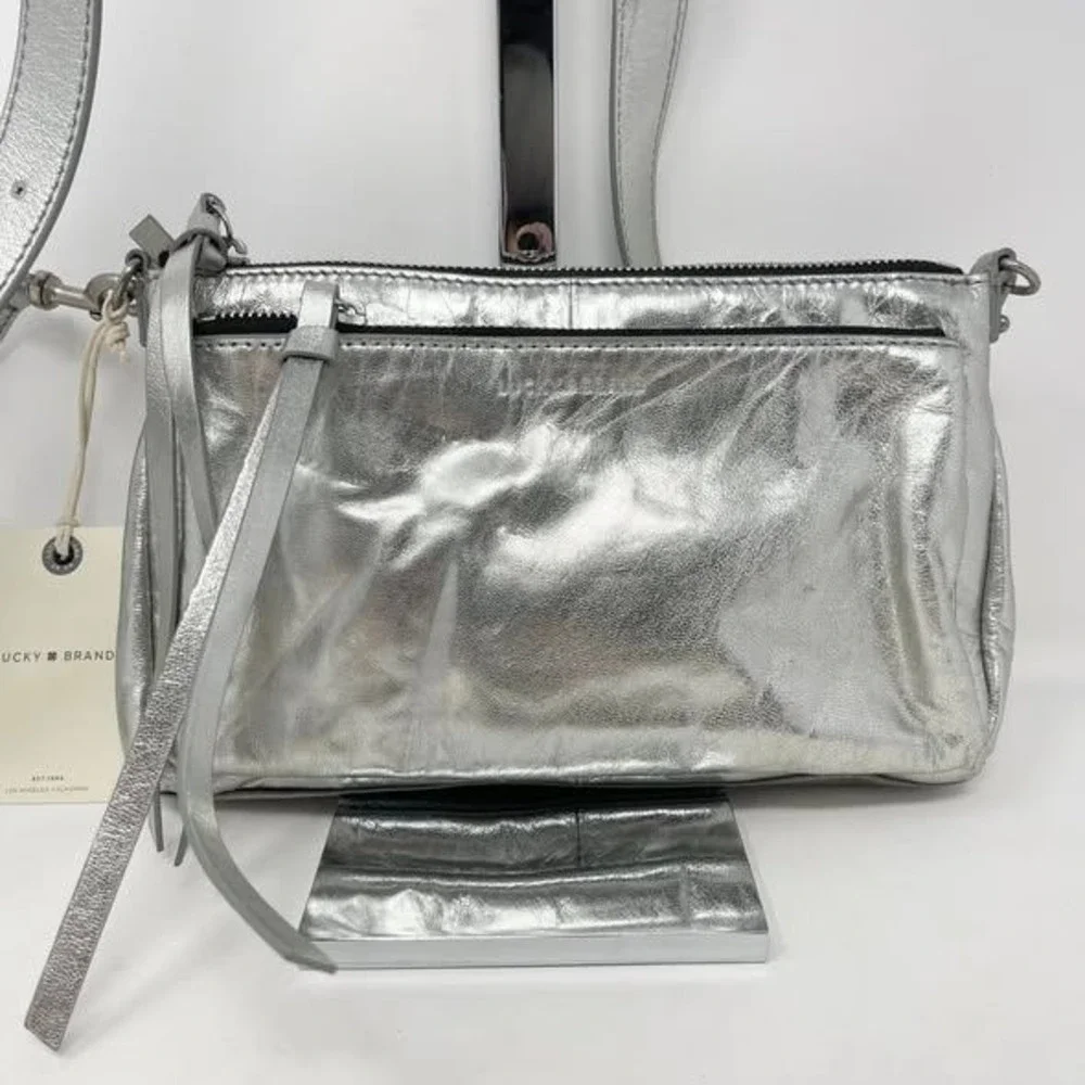 Lucky Brand Koda Crossbody Silver Metallic Topanga Leather Flashy Shiny Party - Picture 2 of 15